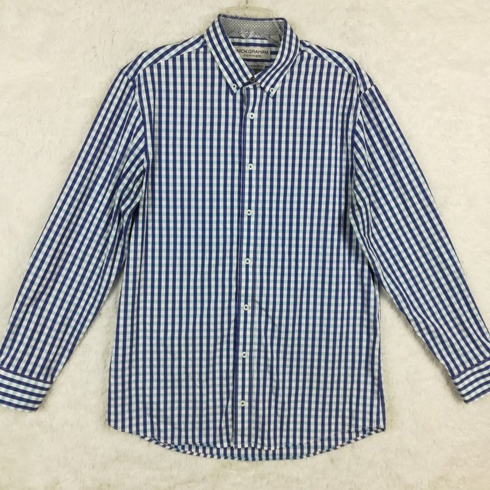 Nick Graham Everywhere Mens Shirt‎ Button Up Stretch Modern Fit Gingham Blue L